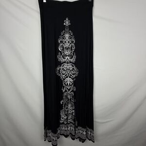 Black Maxi Skirt Sz S Sequined Embroidered White Damask Pattern Boho India Glam